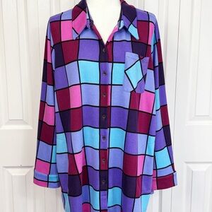 Denim & Co. Bold Colorful Check Print Knit Button Down Tunic Shirt 1X